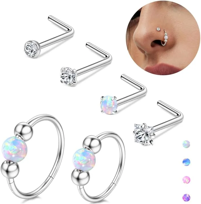Florideco 6PCS Opal Nose Rings for Women 8mm& 10mm Surgical Steel Nose Ring Hoop L Shaped Nose Rings Studs Hypoallergenic Nostril Septum Cartilage Helix Nose Piercing Jewelry 18G 20G