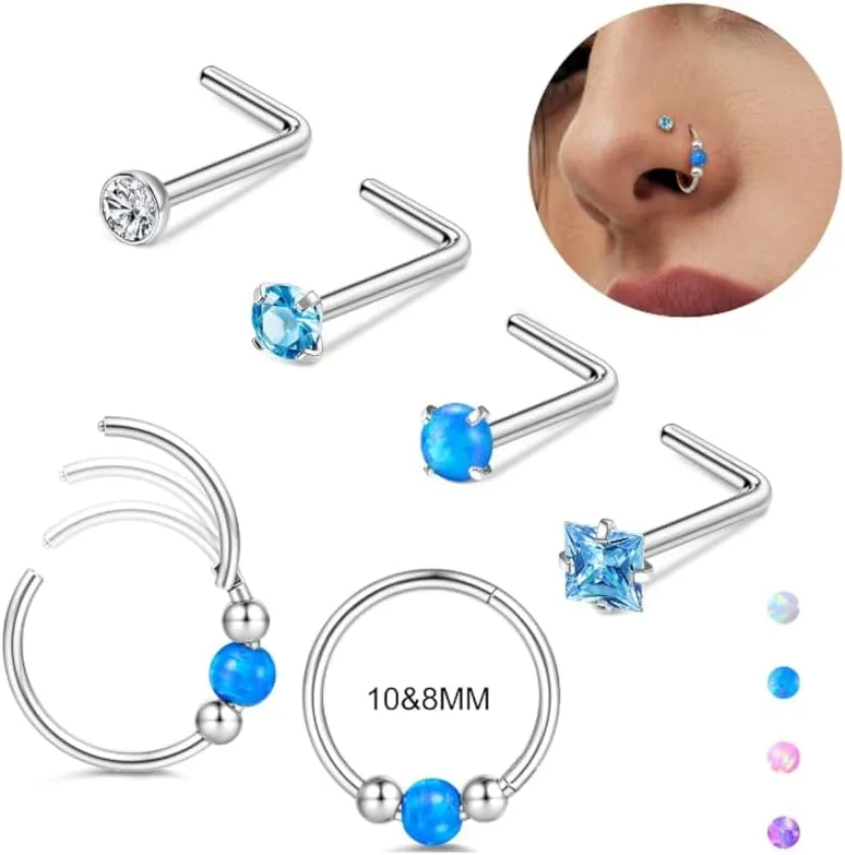 Florideco 6PCS Opal Nose Rings for Women 8mm& 10mm Surgical Steel Nose Ring Hoop L Shaped Nose Rings Studs Hypoallergenic Nostril Septum Cartilage Helix Nose Piercing Jewelry 18G 20G