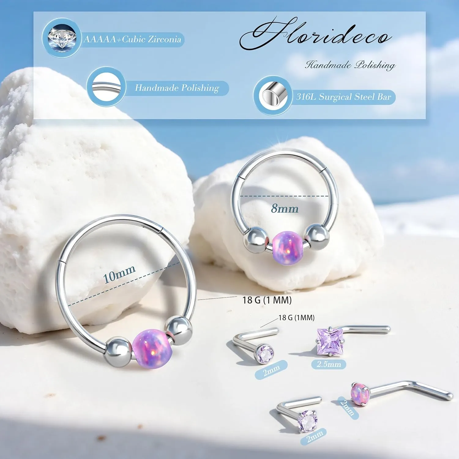 Florideco 6PCS Opal Nose Rings for Women 8mm& 10mm Surgical Steel Nose Ring Hoop L Shaped Nose Rings Studs Hypoallergenic Nostril Septum Cartilage Helix Nose Piercing Jewelry 18G 20G