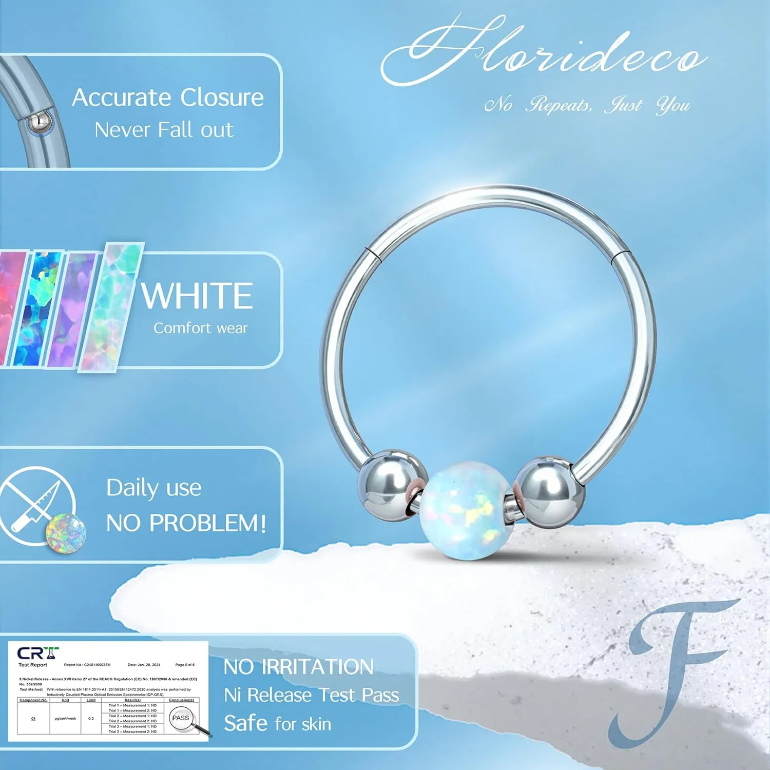 Florideco 6PCS Opal Nose Rings for Women 8mm& 10mm Surgical Steel Nose Ring Hoop L Shaped Nose Rings Studs Hypoallergenic Nostril Septum Cartilage Helix Nose Piercing Jewelry 18G 20G