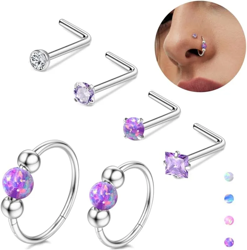 Florideco 6PCS Opal Nose Rings for Women 8mm& 10mm Surgical Steel Nose Ring Hoop L Shaped Nose Rings Studs Hypoallergenic Nostril Septum Cartilage Helix Nose Piercing Jewelry 18G 20G