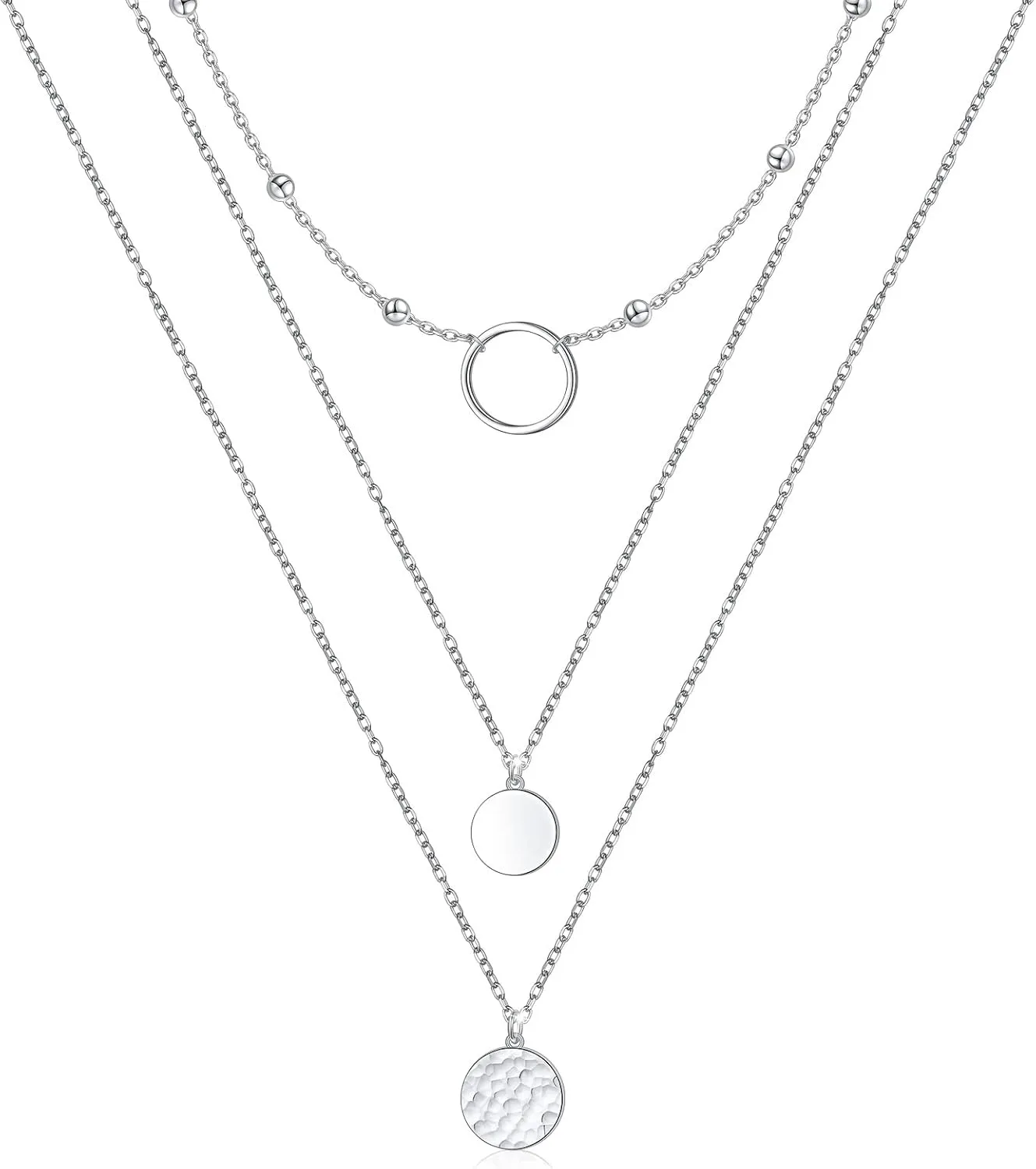 FLYOW Layered Necklace S925 Sterling Silver Triple Multilayer Necklace Long Chain Dainty Pendant Necklace for Women