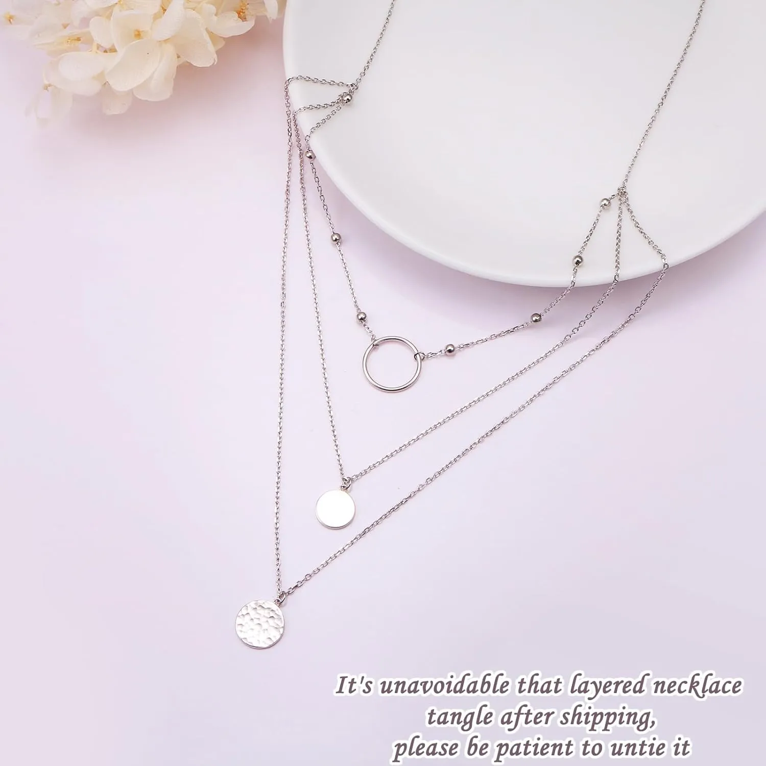 FLYOW Layered Necklace S925 Sterling Silver Triple Multilayer Necklace Long Chain Dainty Pendant Necklace for Women