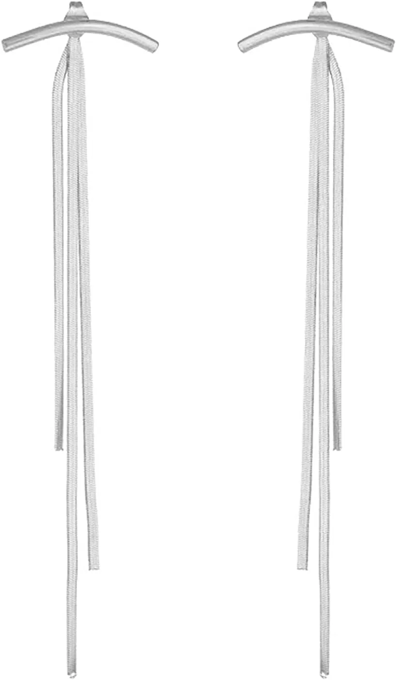 Frodete Silver Long Tassel Drop Earrings for Women Glossy Arc Bar Long Thread Geometric Metal Chain Dangle Earrings
