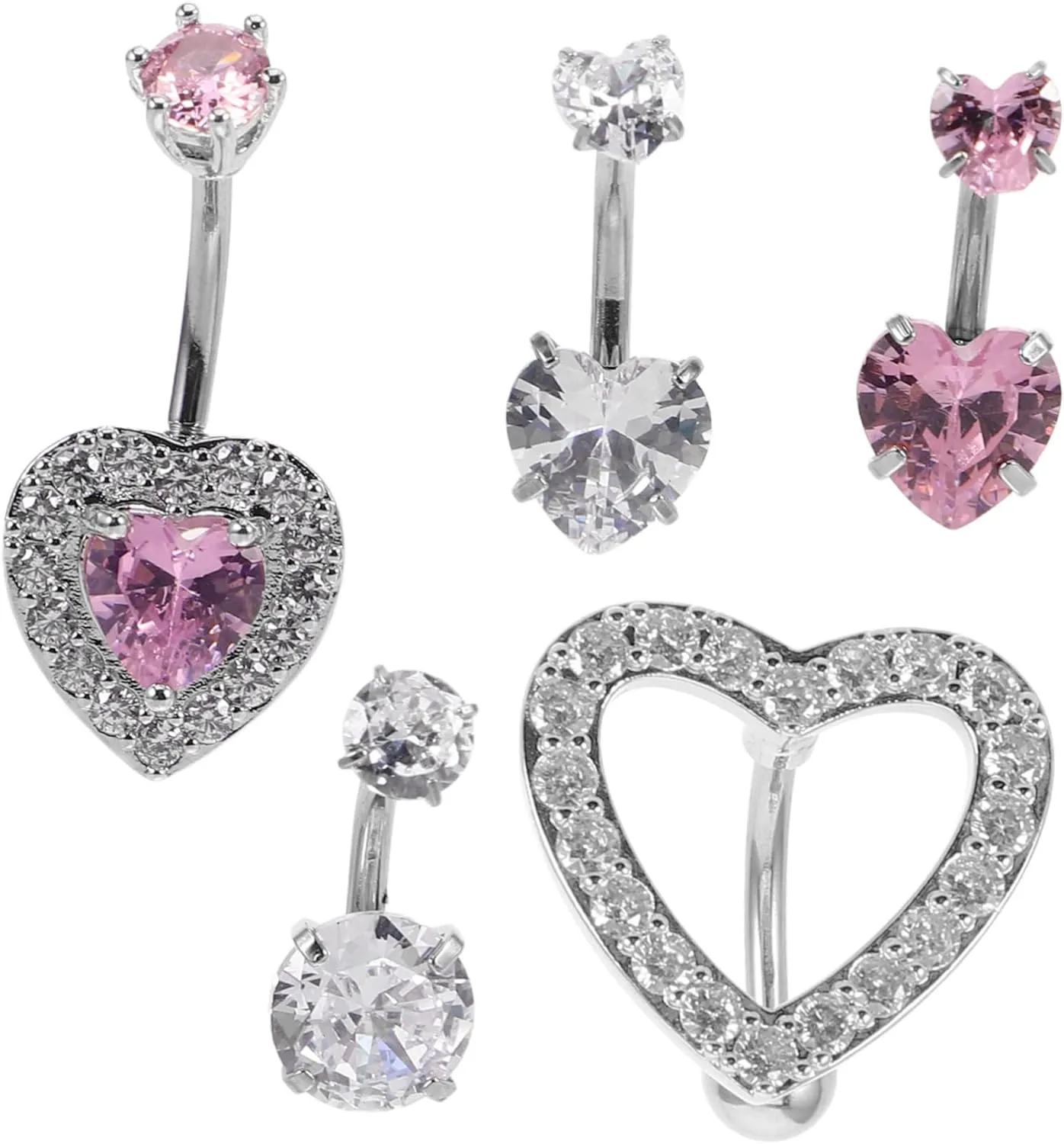 GALPADA 5pcs Heart Stainless Steel Belly Button Rings Dangle Piercing Jewelry Shiny Rhinestone Navel Charms for Parties and Beach Outings Comfortable Durable Design