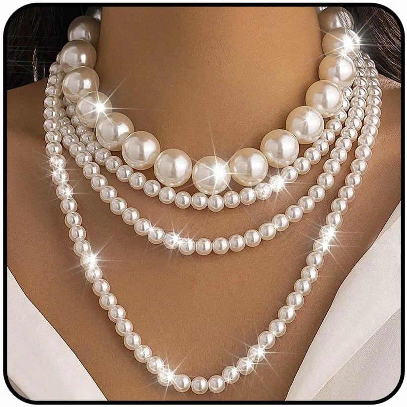 Gangel Layered Pearl Necklace Faux Big Pearl Choker Vintage Necklaces Choker Prom Wedding Pearl Strand Necklace for Women