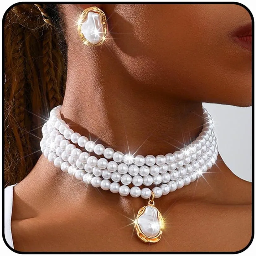 Gangel Pearl Necklace Set Layered Pearl Choker Necklaces Faux Pearls Necklace and Earring Sets Costume Prom Jewelry for Women