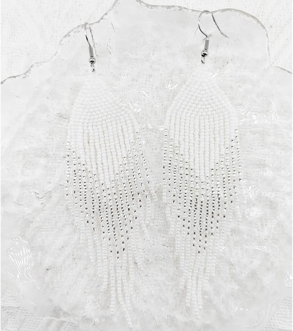 Geometric Beaded Earrings ?C Long Bohemian Handmade Large Tribal Native Beaded Tassel Drop Earrings for Women, Big Boho Seed Bead Fringe Chandelier Dangle Earrings