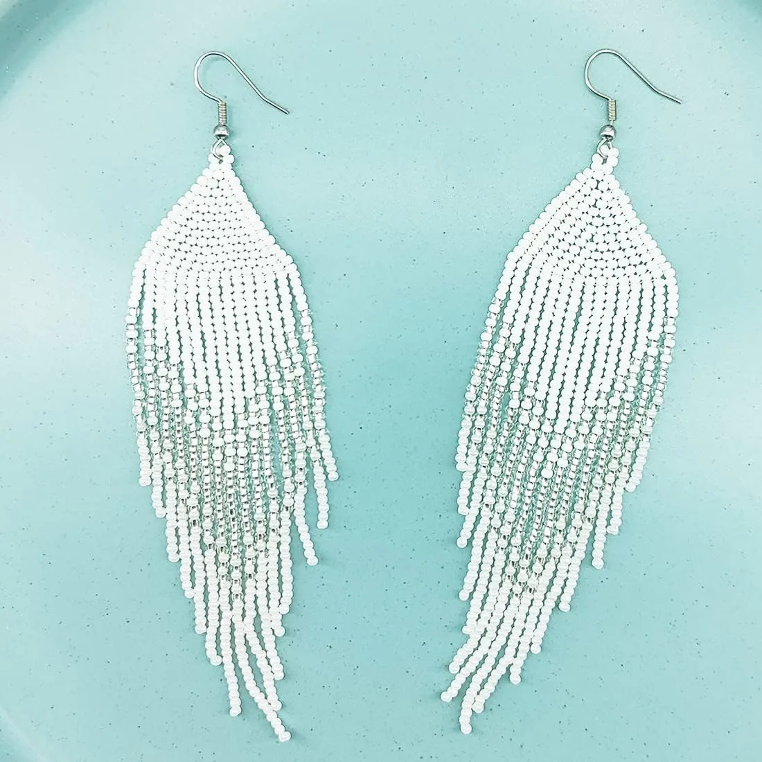 Geometric Beaded Earrings ?C Long Bohemian Handmade Large Tribal Native Beaded Tassel Drop Earrings for Women, Big Boho Seed Bead Fringe Chandelier Dangle Earrings