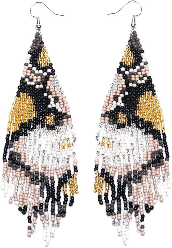 Geometric Beaded Earrings ?C Long Bohemian Handmade Large Tribal Native Beaded Tassel Drop Earrings for Women, Big Boho Seed Bead Fringe Chandelier Dangle Earrings