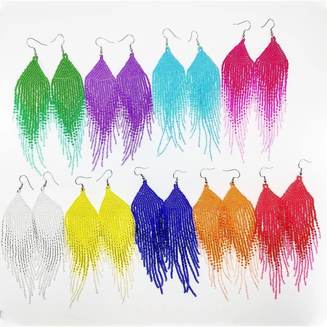 Geometric Beaded Earrings ?C Long Bohemian Handmade Large Tribal Native Beaded Tassel Drop Earrings for Women, Big Boho Seed Bead Fringe Chandelier Dangle Earrings