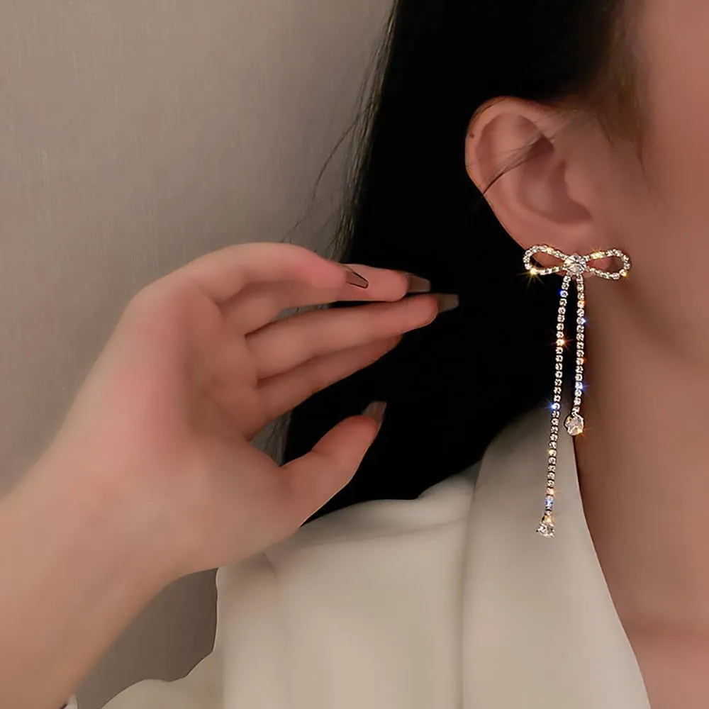 Glitter Rhinestone Bowknot Tassel Stud Earrings Fashion Crystal Bow Long Tassel Dangle Earrings Jewelry for Women Wedding Birthday GIfts
