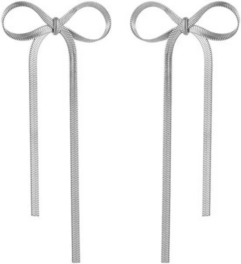 Gold Bow Earrings for Women Bow Tassel Chain Earrings Ribbon Bow Dangle Earrings Bowknot Long Earrings Gold Silver Statement Earrings