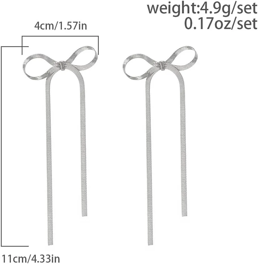 Gold Bow Earrings for Women Bow Tassel Chain Earrings Ribbon Bow Dangle Earrings Bowknot Long Earrings Gold Silver Statement Earrings
