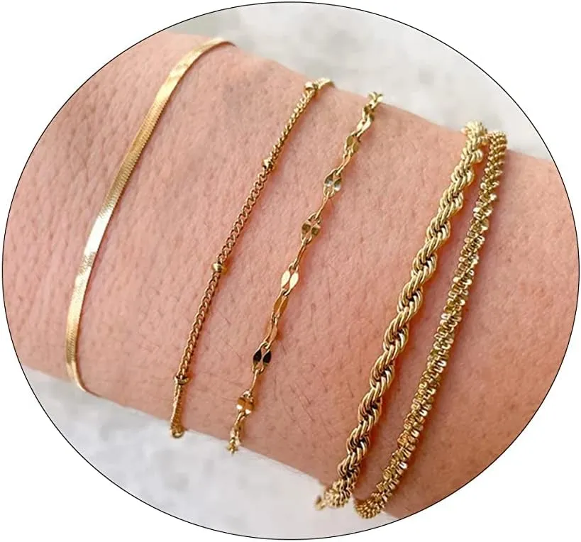 Gold Bracelet Set, 14K Gold Plated Bracelets for Women, Dainty Lip Chain, Long Bar Chain, Disc, Satellite, Cuban Link, Anklet, Pack Gifts for Women