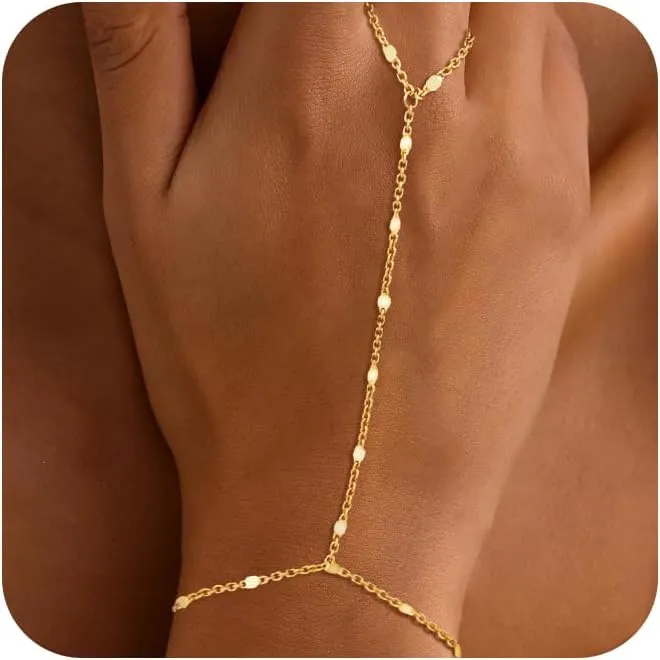 Gold Bracelets for Women Trendy, Dainty Gold Hand Chain Bracelets Stackable 14k Gold Plated Finger Ring Bracelet Hand Chain Cz Flower Layered Link Bracelets for Women Non Tarnish Jewelry Gifts