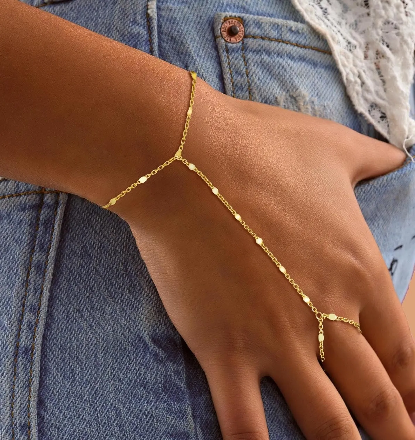 Gold Bracelets for Women Trendy, Dainty Gold Hand Chain Bracelets Stackable 14k Gold Plated Finger Ring Bracelet Hand Chain Cz Flower Layered Link Bracelets for Women Non Tarnish Jewelry Gifts