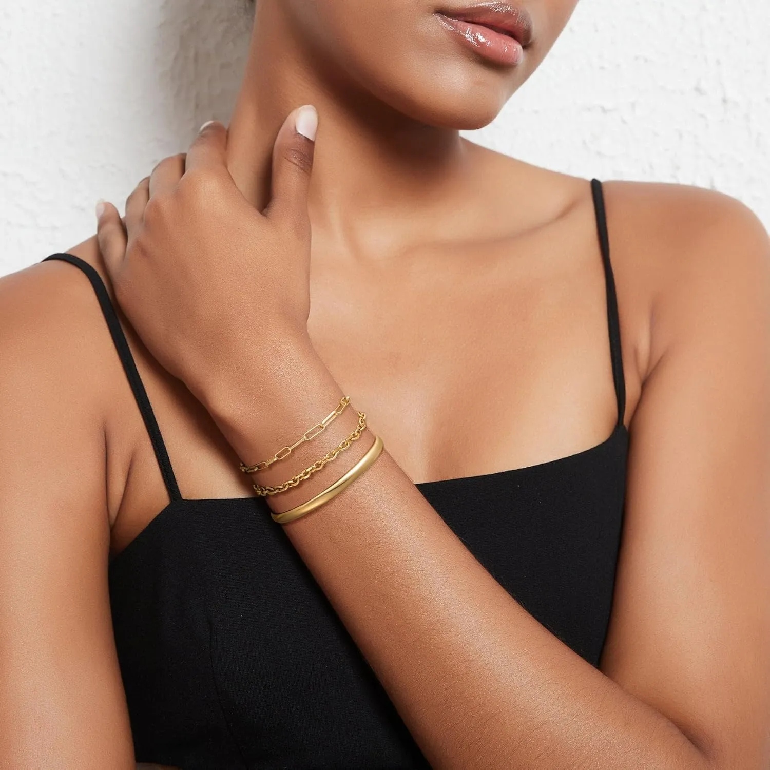 Gold Bracelets for Women Trendy,Stackable 14k Gold Plated Bangle Bracelets Set Waterproof Cuban Link Diamond Beaded Chain Paperclip Chain Bracelets Simple Fashion Jewelry Gifts for Women