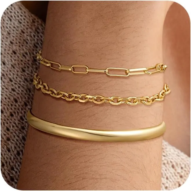 Gold Bracelets for Women Trendy,Stackable 14k Gold Plated Bangle Bracelets Set Waterproof Cuban Link Diamond Beaded Chain Paperclip Chain Bracelets Simple Fashion Jewelry Gifts for Women
