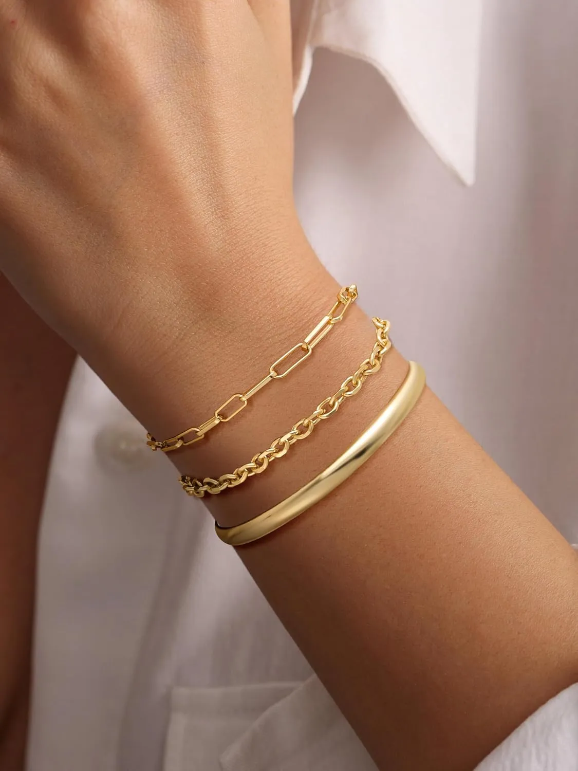 Gold Bracelets for Women Trendy,Stackable 14k Gold Plated Bangle Bracelets Set Waterproof Cuban Link Diamond Beaded Chain Paperclip Chain Bracelets Simple Fashion Jewelry Gifts for Women