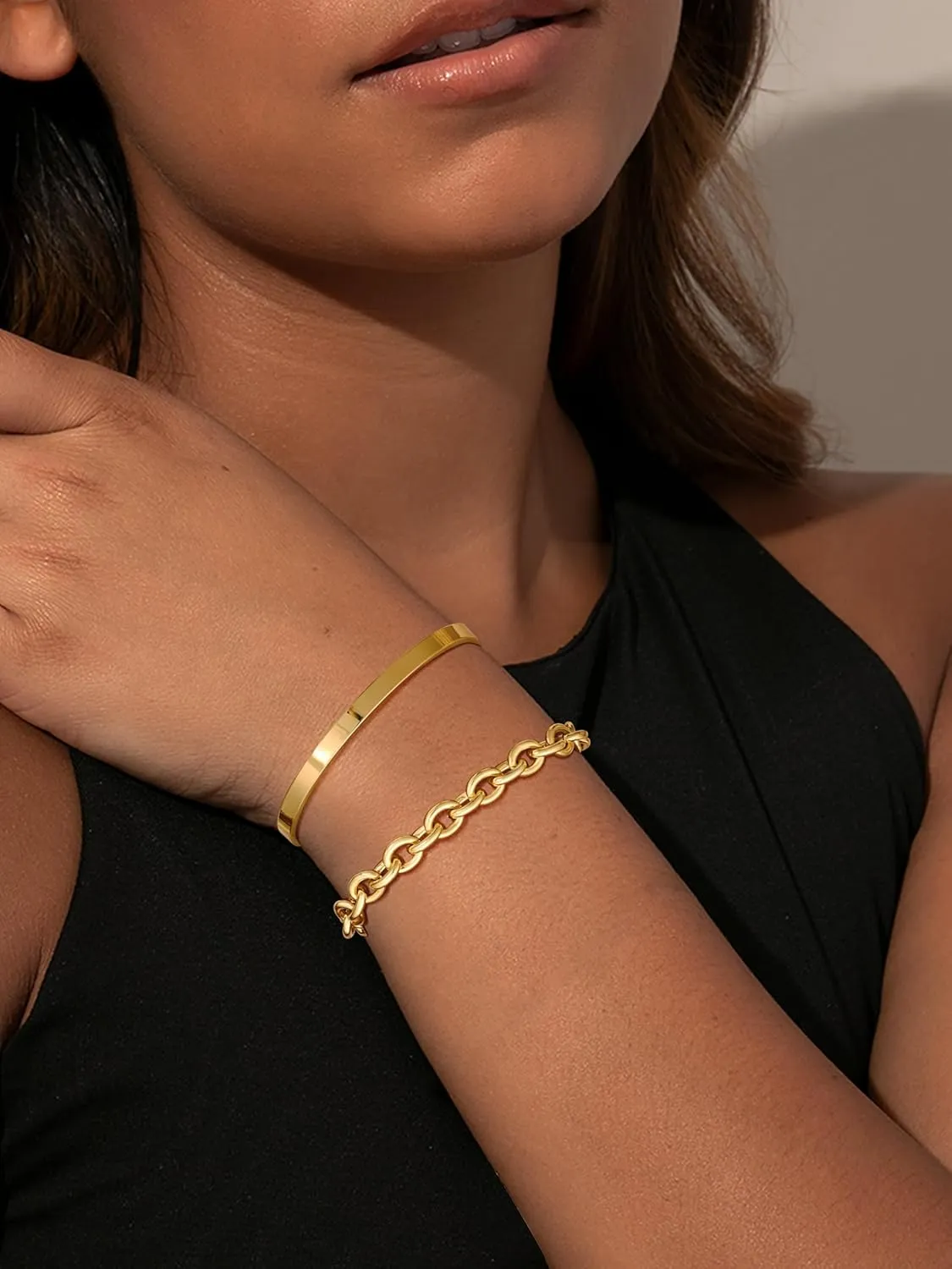 Gold Bracelets for Women Trendy,Stackable 14k Gold Plated Bangle Bracelets Set Waterproof Cuban Link Diamond Beaded Chain Paperclip Chain Bracelets Simple Fashion Jewelry Gifts for Women