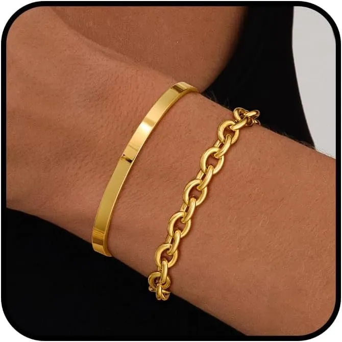 Gold Bracelets for Women Trendy,Stackable 14k Gold Plated Bangle Bracelets Set Waterproof Cuban Link Diamond Beaded Chain Paperclip Chain Bracelets Simple Fashion Jewelry Gifts for Women