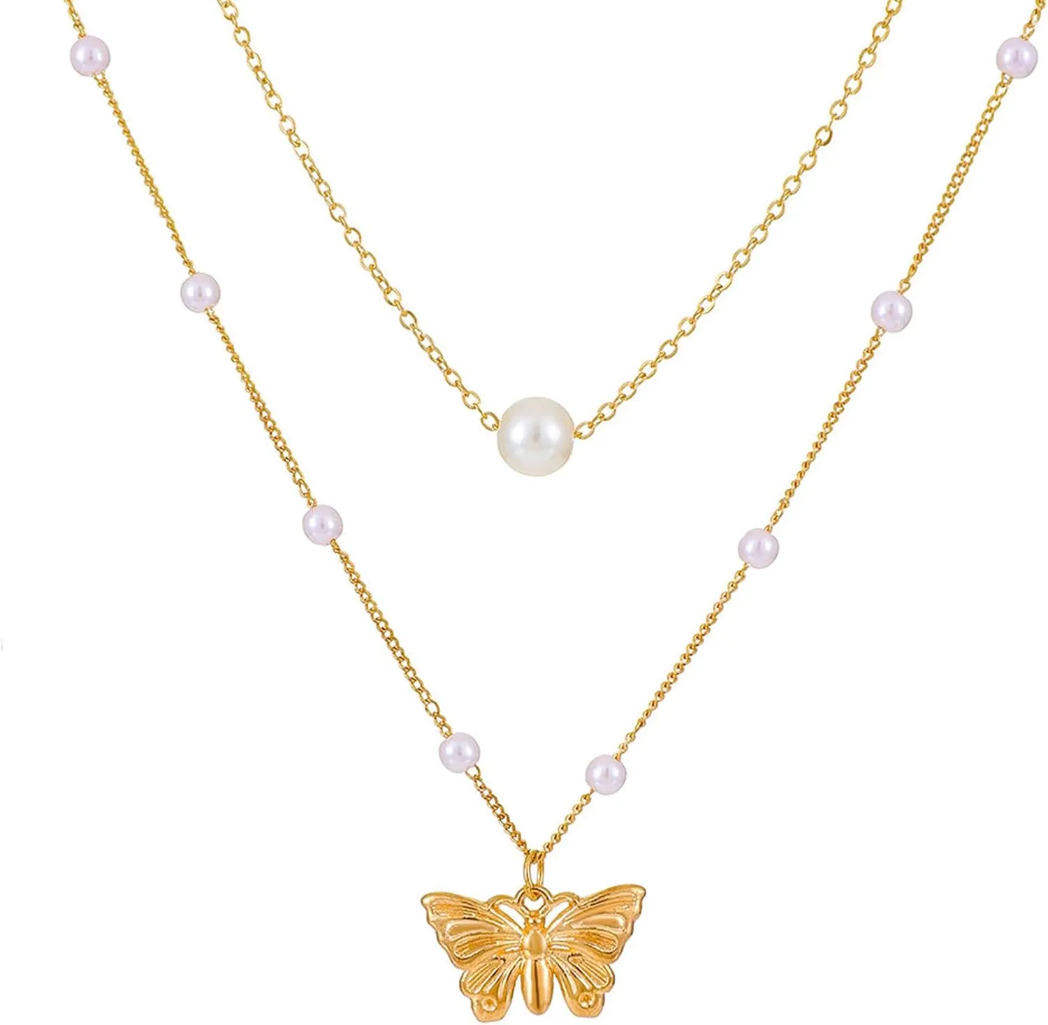Gold Butterfly Layered Chain Link Necklaces for Women 14K Gold Plated Butterfly Pearl Choker Gold Dainty Layered Pendant Necklaces Jewelry for Women