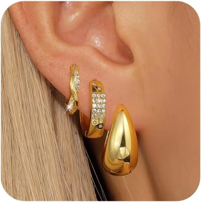 Gold Cross Earrings For Women 14k Gold Plated Hypoallergenic Trendy Chunky Teardrop CZ Ear Cuff Cross Studs Small Dangle Cartilage Huggie Hoop Earrings Set Jewelry Gifts