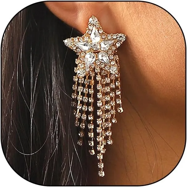 Gold Crystal Star Tassel Chandelier Earrings for Prom,Delicate Pentagram Glitter CZ Chain Dangle Earrings,Chic Sparkly Statement Earrings Jewelry