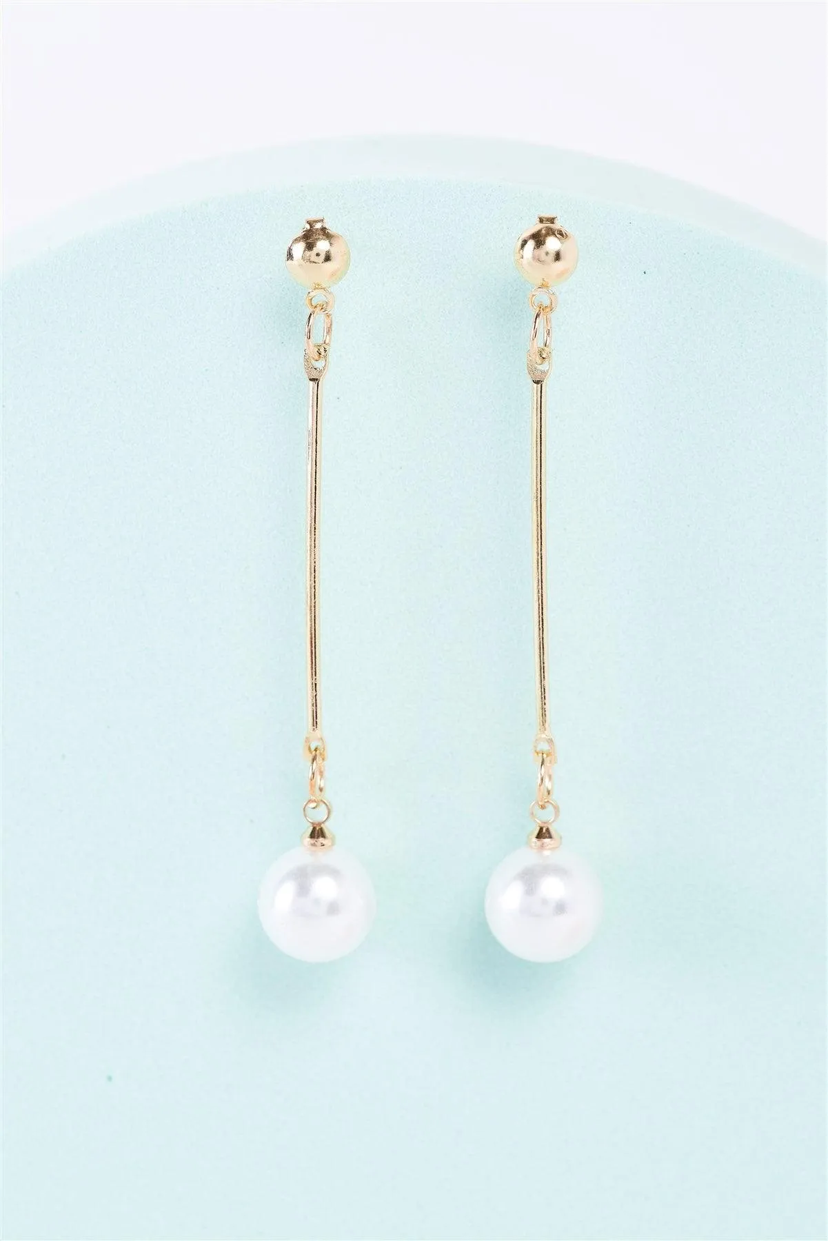 Gold Elegant Long Pearl Detail Drop Earrings