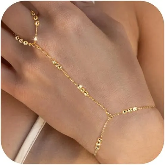 Gold Hand Chain Bracelets for Women, 14K Gold Plated Hand Chain Dainty Finger Ring Bracelet Gold Jewelry Gifts Trendy