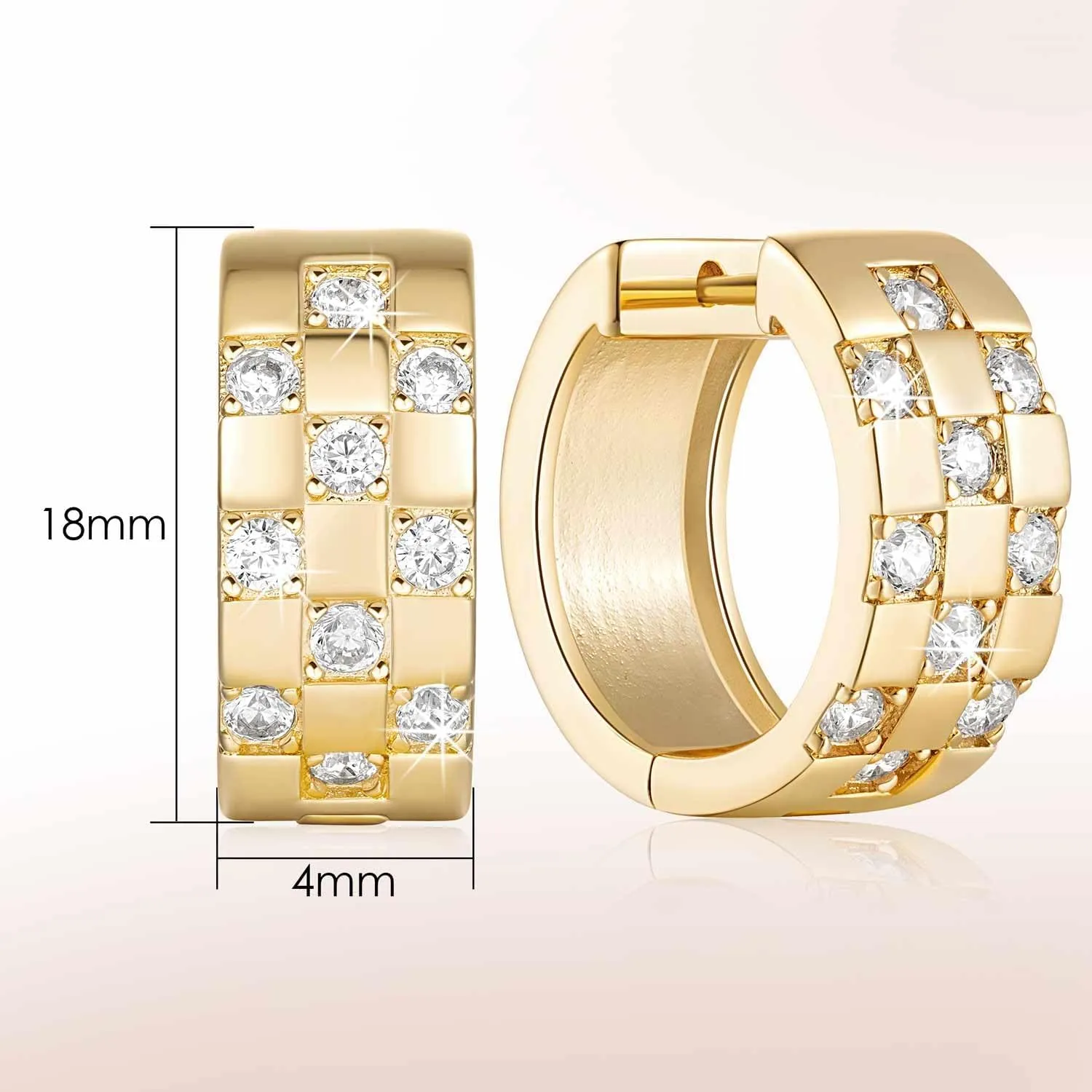 Gold Hoop Earrings 14K Gold Earrings Small Hoop Earring in Checkerboard Design Radiant Diamond Hoops Earring with Cubic Zirconia 18mm