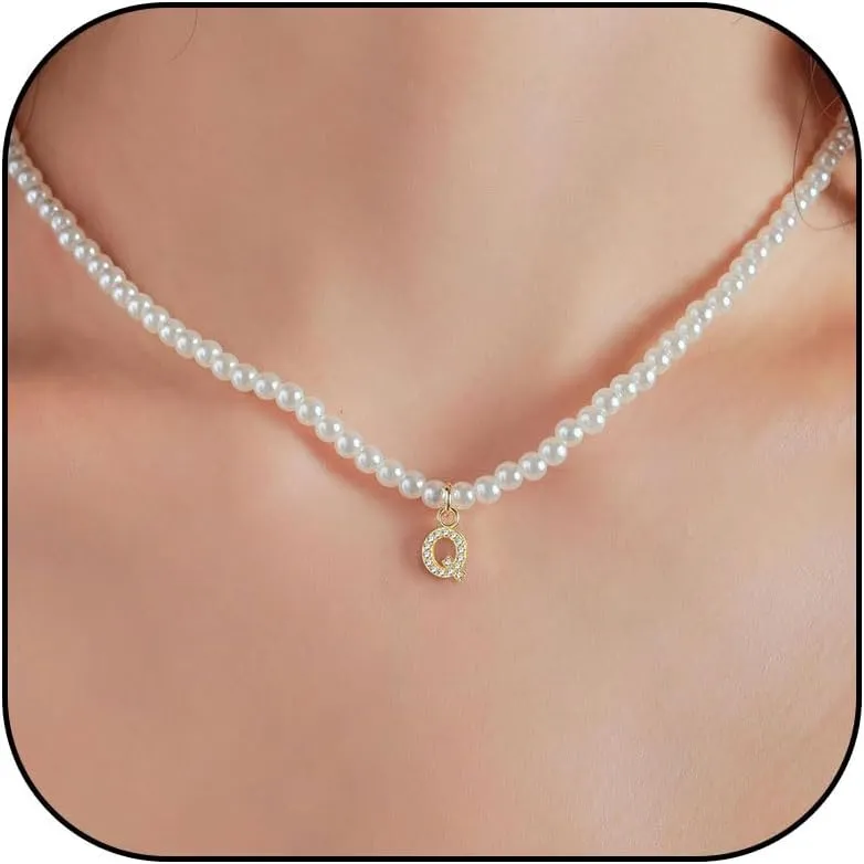 Gold Initial Necklaces for Women Pearl Choker Necklaces for Women Rhinestone Gold Letter Charm Necklace Alphabet Pendant Necklace Dainty Pearl Necklace Jewelry Gifts