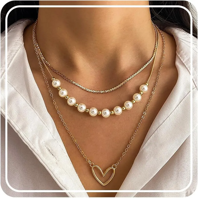 Gold Layered Necklaces Pearl Chunky Gold Statement layered Paperclip Adjustable Layering Chain Choker Necklace Jewerly Set for Women
