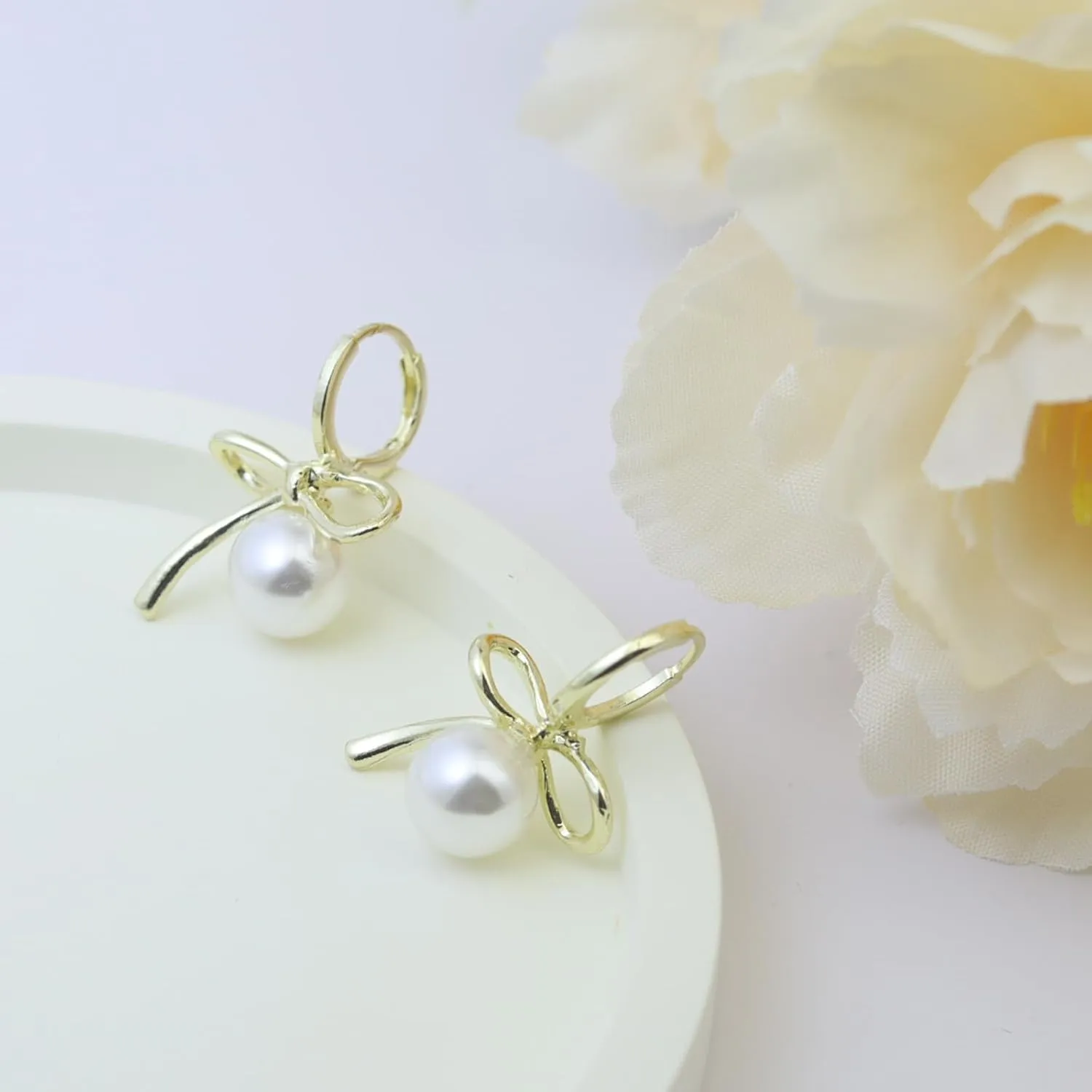 Gold Pearl Bow Earrings Pearl Hoop Earrings S925 Sterling Silver Post Statement White Pearl Drop Earrings Big Pearl Earrings Bow Earrings For Women