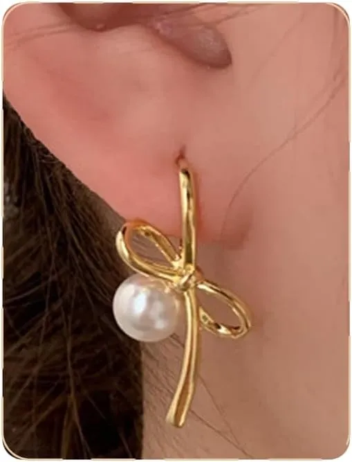Gold Pearl Bow Earrings Pearl Hoop Earrings S925 Sterling Silver Post Statement White Pearl Drop Earrings Big Pearl Earrings Bow Earrings For Women