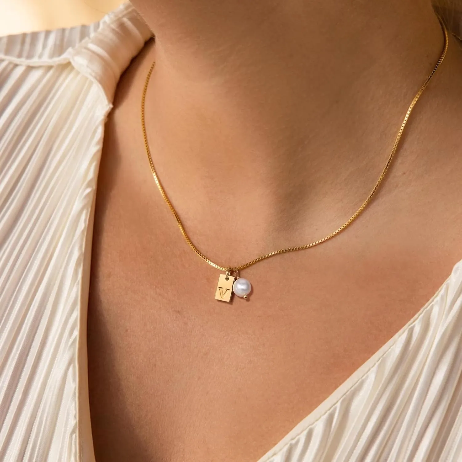 Gold Pearl Initial Necklaces for Women, Dainty 14K Gold Filled Initial Necklace Tiny Letter Gold Necklace Tag Necklaces Mother's Day Jewelry Gift