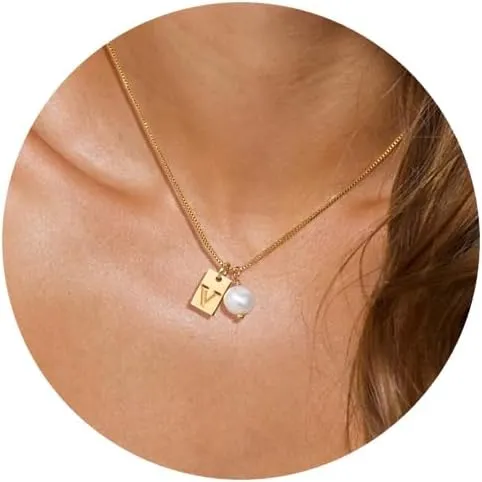Gold Pearl Initial Necklaces for Women, Dainty 14K Gold Filled Initial Necklace Tiny Letter Gold Necklace Tag Necklaces Mother's Day Jewelry Gift