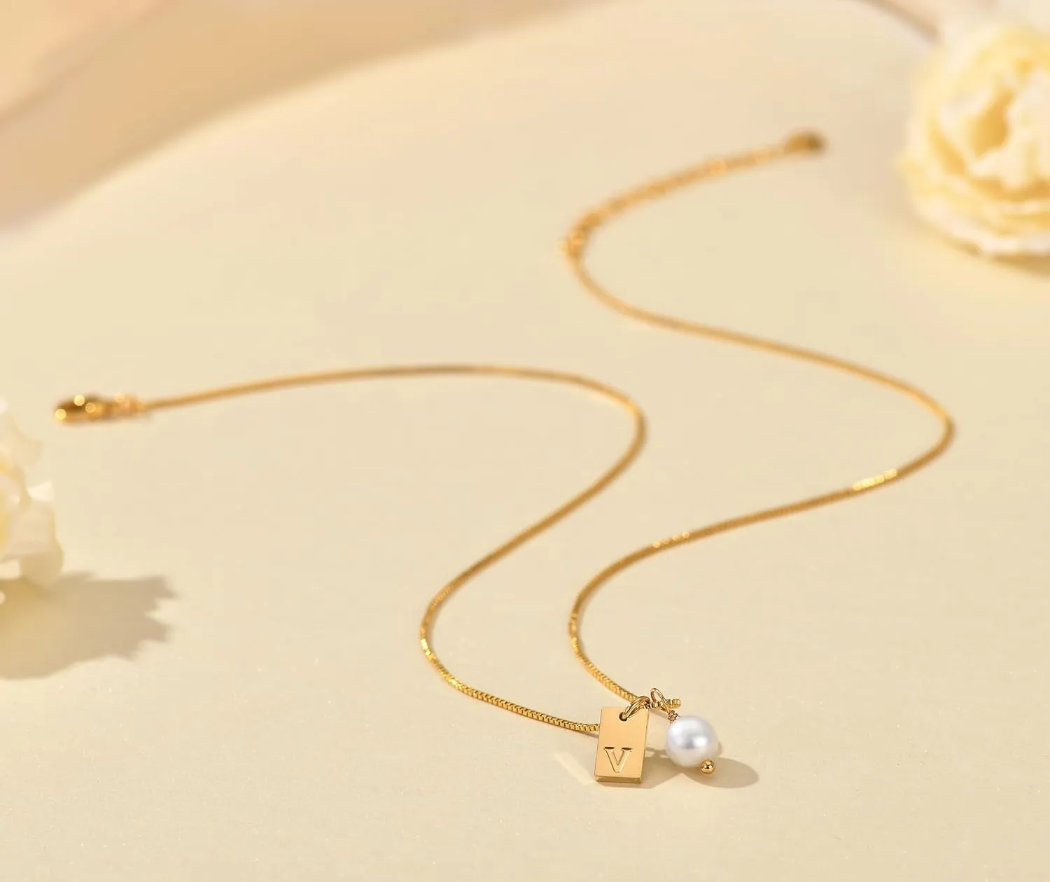 Gold Pearl Initial Necklaces for Women, Dainty 14K Gold Filled Initial Necklace Tiny Letter Gold Necklace Tag Necklaces Mother's Day Jewelry Gift