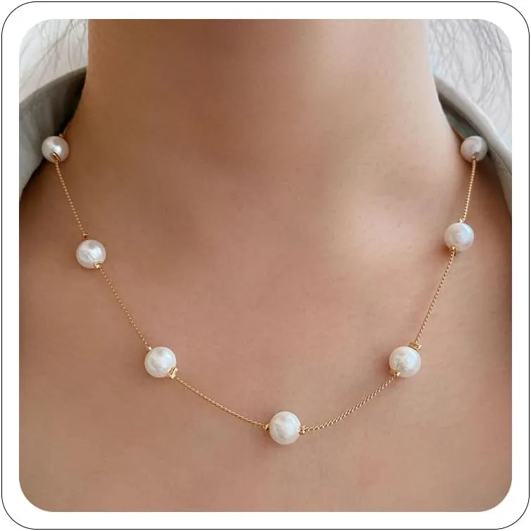 Gold Pearl Necklaces for Women 18K Gold Plated Pearl Necklaces Minimalist Fresh Water Pearl Necklace Dainty White Pearl Choker Pendant Accessories Jewelry