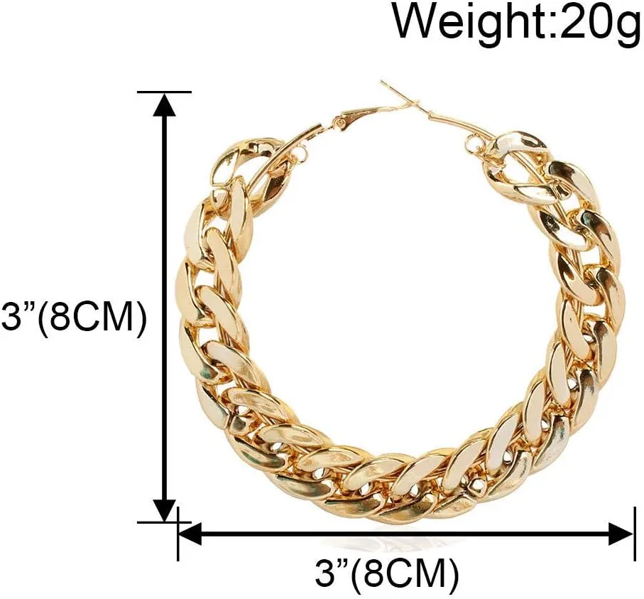 Gold Tone Iced Out Rhinestone Punk Large Circle Round Chunky Cuban Chain Hoop Earrings Geometric Big Loop Earrings Hip Hop Exaggerated Statement Jewelry