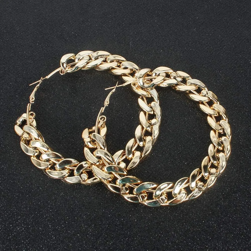 Gold Tone Iced Out Rhinestone Punk Large Circle Round Chunky Cuban Chain Hoop Earrings Geometric Big Loop Earrings Hip Hop Exaggerated Statement Jewelry