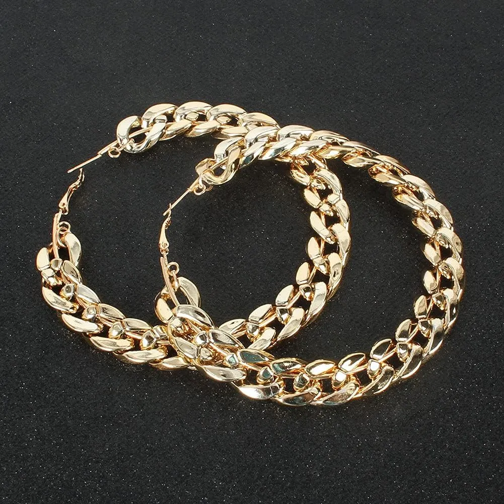 Gold Tone Iced Out Rhinestone Punk Large Circle Round Chunky Cuban Chain Hoop Earrings Geometric Big Loop Earrings Hip Hop Exaggerated Statement Jewelry