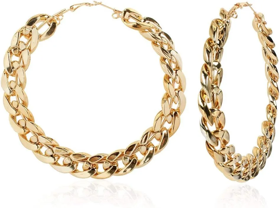 Gold Tone Iced Out Rhinestone Punk Large Circle Round Chunky Cuban Chain Hoop Earrings Geometric Big Loop Earrings Hip Hop Exaggerated Statement Jewelry