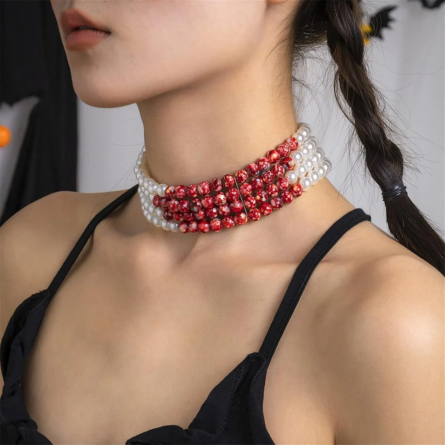 Gothic Blood Pearl Necklace for Women, Adjustable Dripping Blood Choker Layered Bleeding Pearls Necklaces Punk Bloody Tassel Clavicle Halloween Jewelry