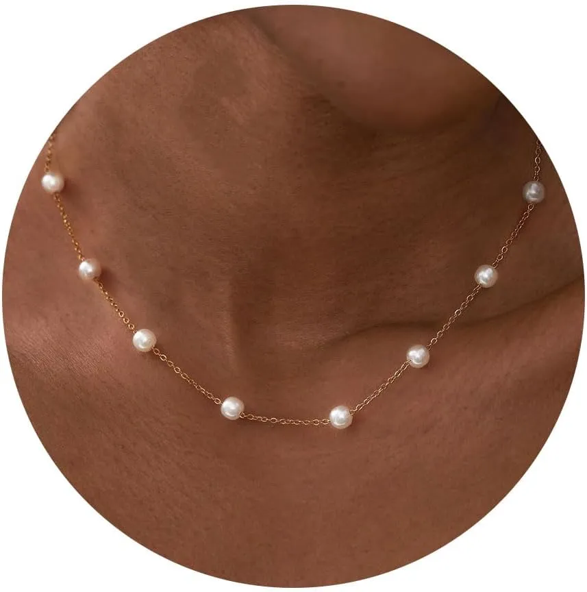 HANLI Gold Pearl Necklace 14K Gold Plated Dainty Pearl Necklace Freshwater Single Pearl Necklace Simple Everyday Necklaces for Women