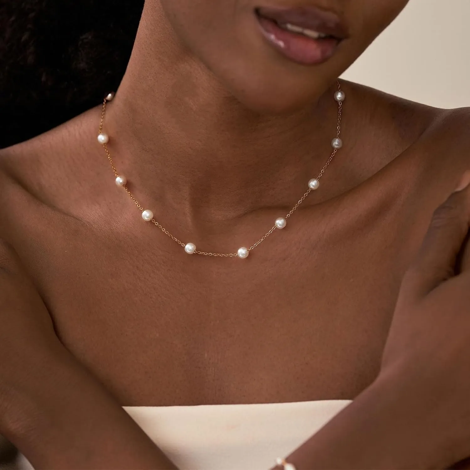 HANLI Gold Pearl Necklace 14K Gold Plated Dainty Pearl Necklace Freshwater Single Pearl Necklace Simple Everyday Necklaces for Women
