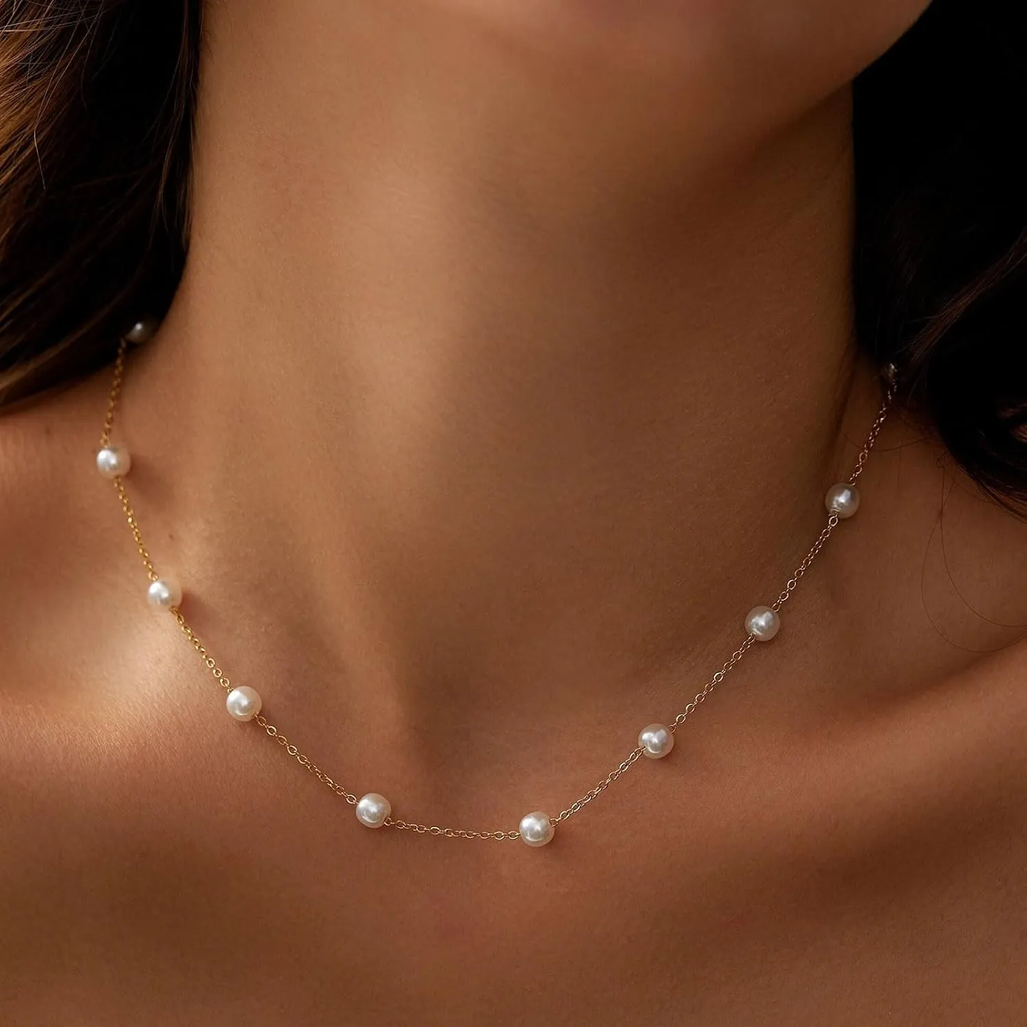 HANLI Gold Pearl Necklace 14K Gold Plated Dainty Pearl Necklace Freshwater Single Pearl Necklace Simple Everyday Necklaces for Women