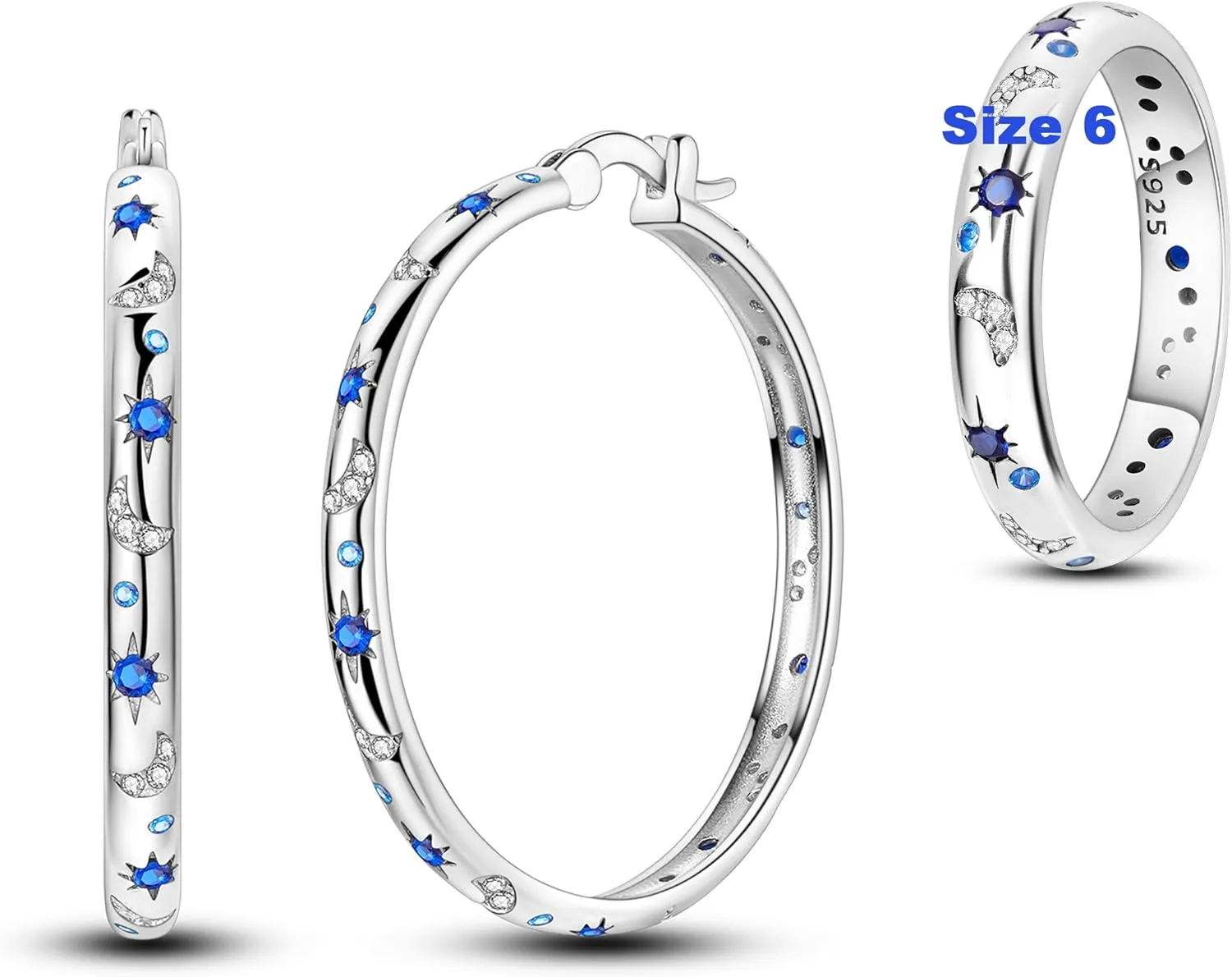 Hapour Celestial Jewelry Set, Moon Star Hoop Earrings & Ring Size 8 for Women & Teen