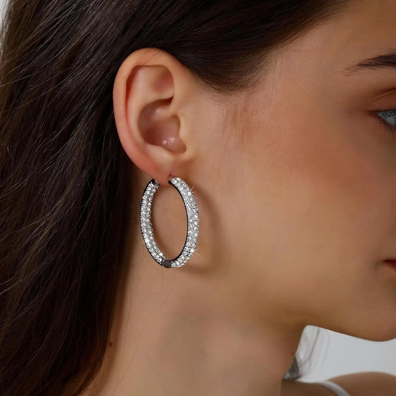 Hoop Earrings for Women Silver Large Hoops Earrings Gold Crystal Earrings for Women Black Rhinestone Earring Party Dance Fashion Hypoallergenic Jewelry Gift for Her Sparkly Hoops With Crystals for Womens